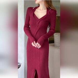 Fashion Wimen's Cold-Shoulder Long-Sleeve Ribbed Knotted Midi/Maxi Knit Dress L